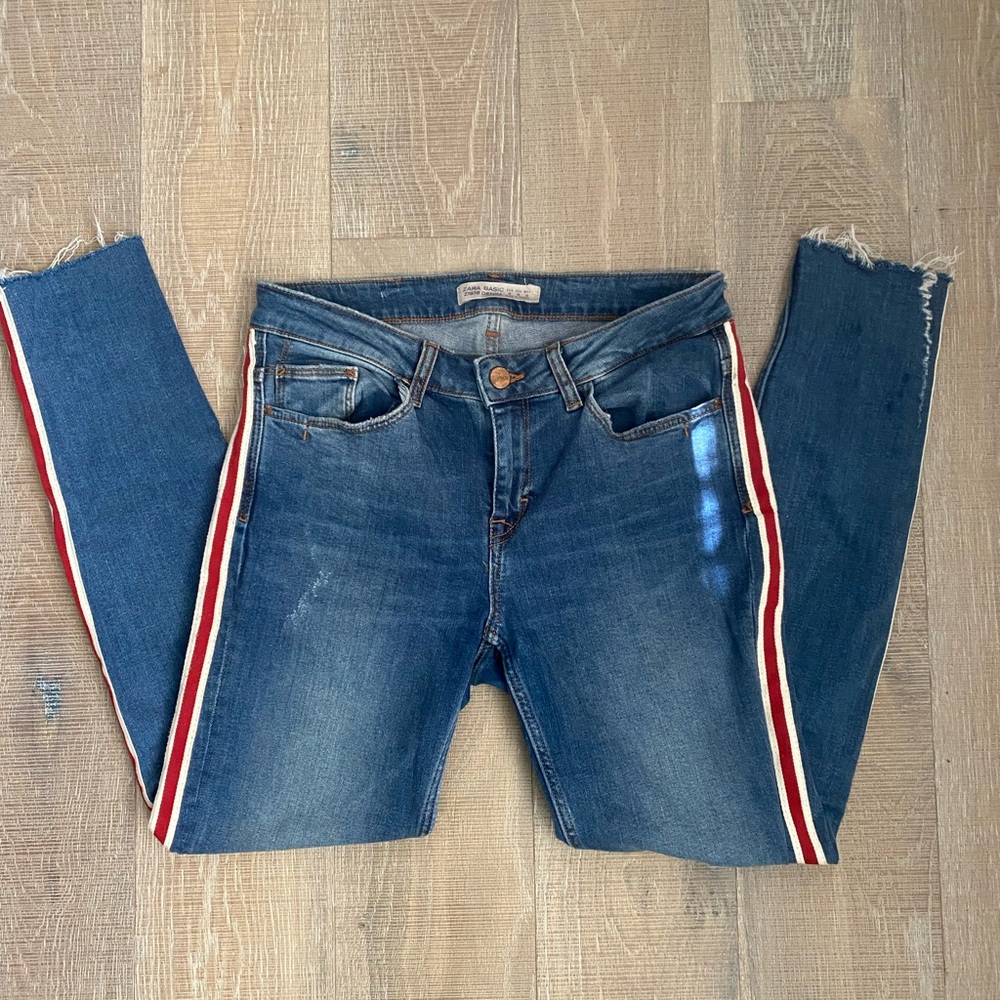 Zara Blue Jeans with Red and White Stripe